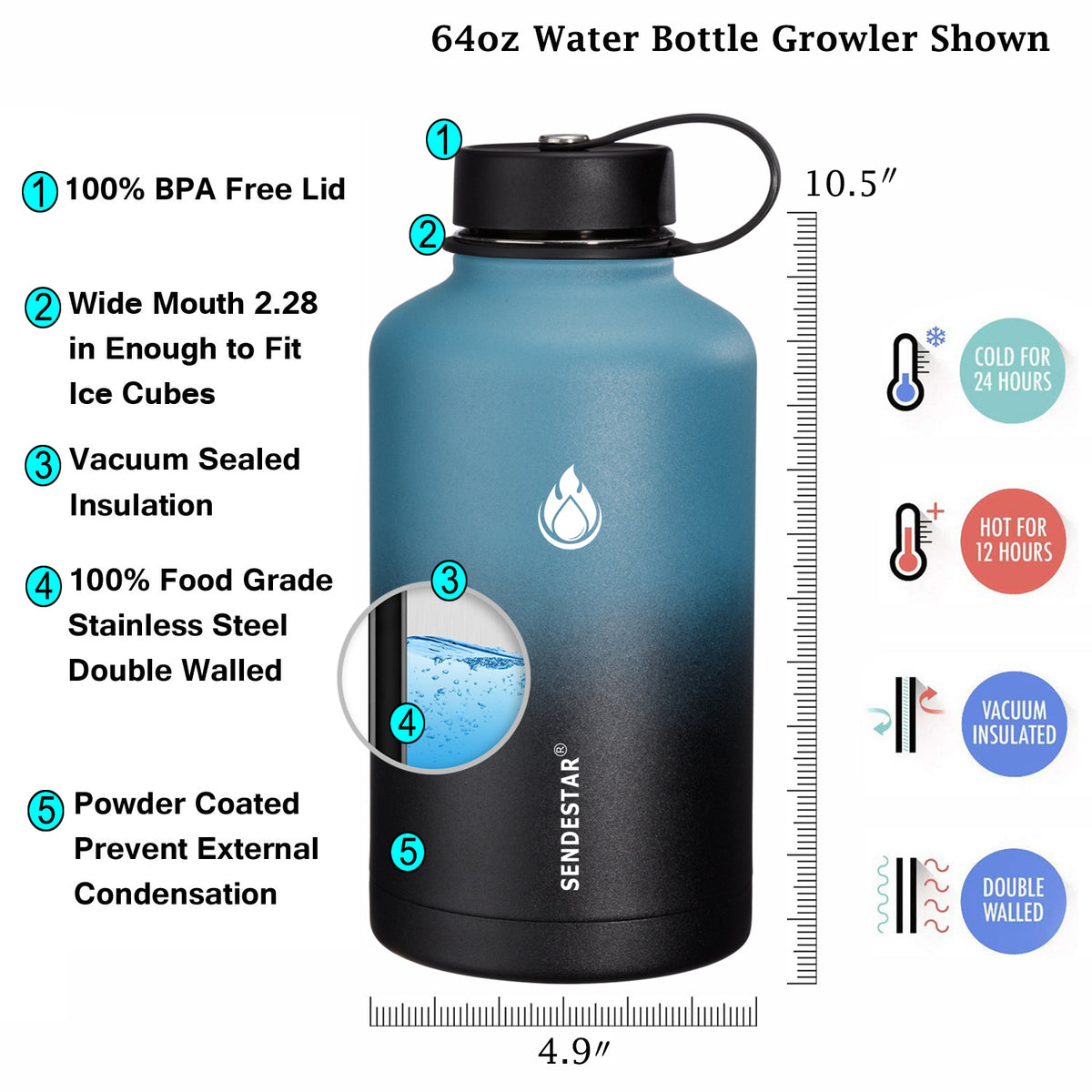 HydroFest Insulated Water Bottle, 64oz Water Bottle with Straw lid, Sp –  sendestar