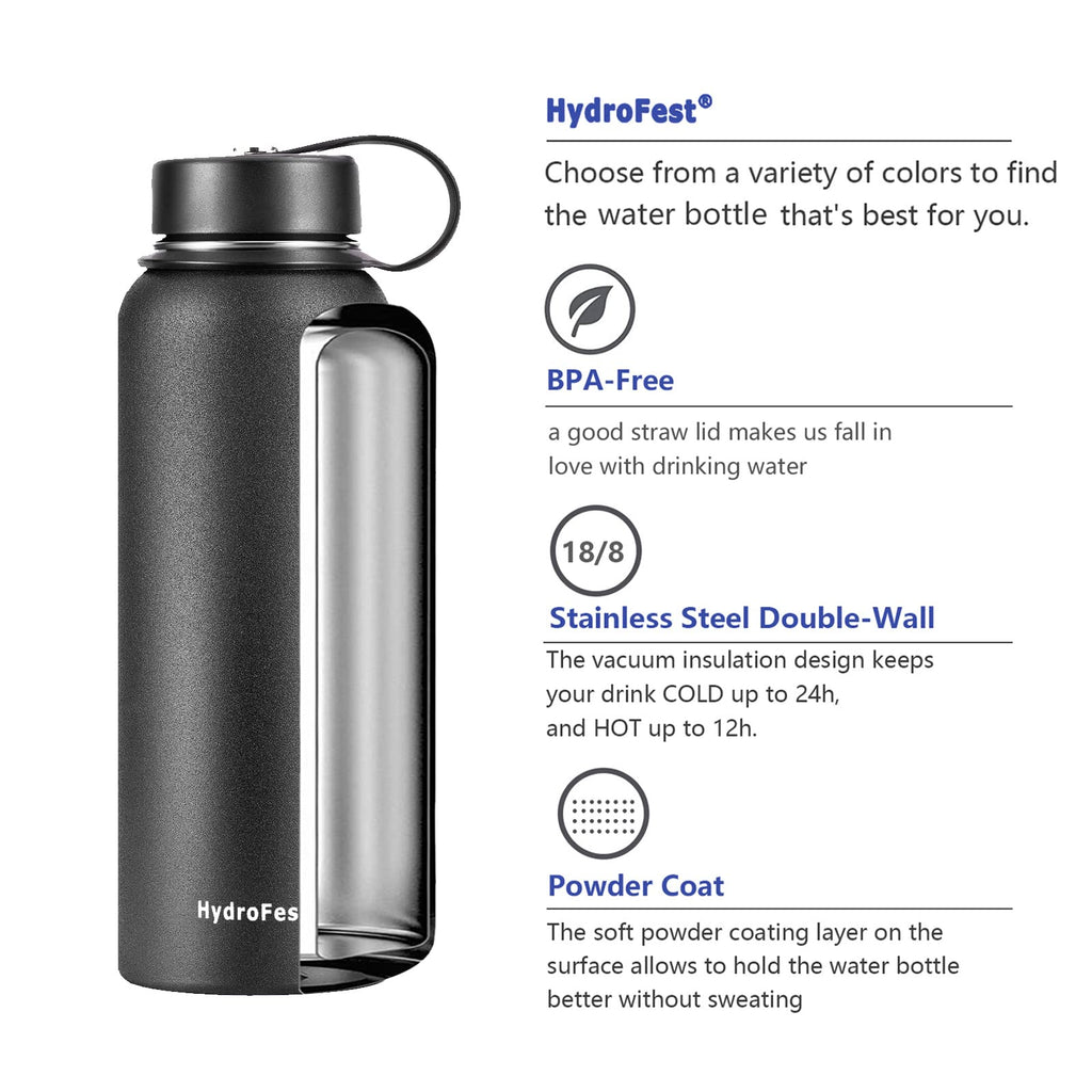 HydroFest 40 oz Water Bottle, Black Water Bottle with Straw, Wide Mouth  Insulated Water Bottle W/Straw lid, Spout Lid & Flex Cap, BPA Free & Leak